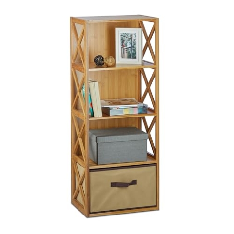 Relaxdays Regal Bambus mit Korb, 4 Ablagen, Holz Standregal, Badregal, Faltbox, HxBxT: 105 x 42 x 29 cm, natur braun