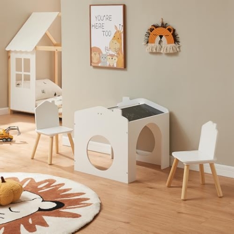 [en.casa] Zeichentisch für Kinder Romso Maltisch mit Kinderstühlen Kindertischset mit 2 Stühlen Kindersitzgruppe Hausdesign Weiß