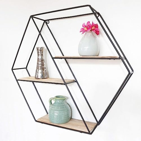 IVOL Designer Wandregal - Sechseckig - Diagonal - Modern und schwarz mit 3 Holzböden