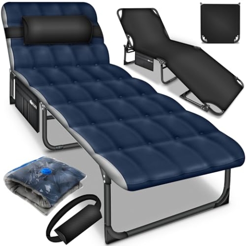 tillvex® Campingbett klappbar mit Nackenkissen & Seitentasche bis 280 kg | Campingliege Sonnenliege mit Polster | Feldbett Outdoor & Indoor | Klappbett Gästebett faltbar Garten Camping Festival Reise