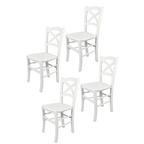 t m c s Tommychairs - 4er Set Stühle Cross für Küche und Esszimmer, robuste Struktur aus lackiertem Buchenholz im Farbton Weiss und Sitzfläche aus lackiertem Holz in der Farbe Weiss
