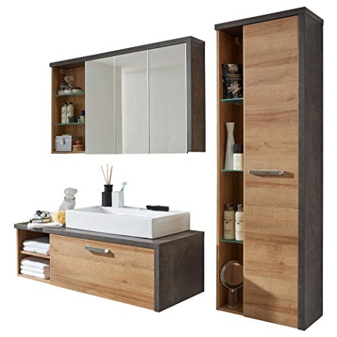 trendteam smart living - 4-teilige Badkombination Badmöbel - Badezimmer - Bay - Aufbaumaß (BxHxT) 186 x 160 x 53 cm - Farbe Beton dunkel mit Eiche Riviera Honig - 169390228