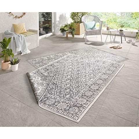 NORTHRUGS In- und Outdoor Teppich Curacao 80x150cm - Wendeteppich Wetterfest Modernes Grafisches Muster Läufer für Balkon Terrasse Garten Wintergarten Wohnzimmerteppich Wasserfest in Grau Creme