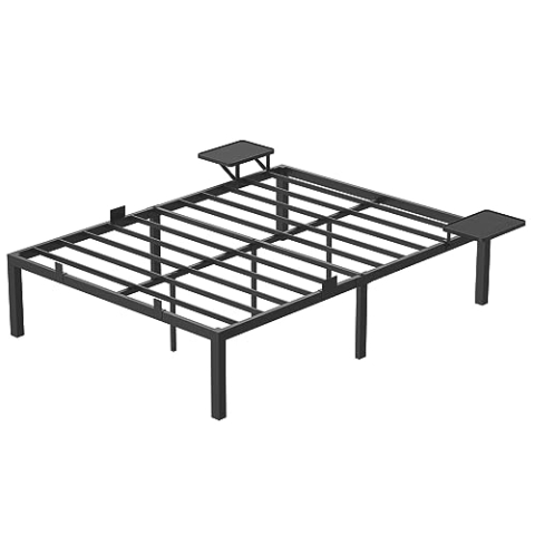 VASAGLE Bett 140 x 190 cm, Gästebett mit Aufbewahrungsregalen, Doppelbett, Bettgestell aus Metall, Bettrahmen, Metallbett, einfache Montage, klassikschwarz RMB093B01