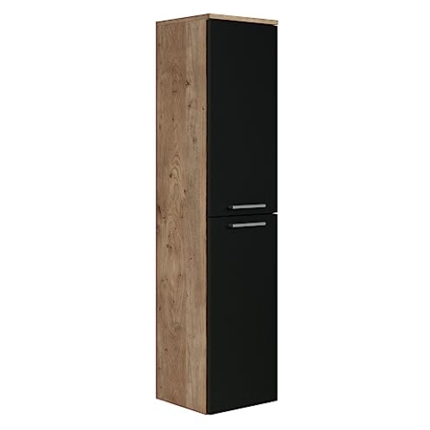 Badezimmer Badschrank Saturnus 130cm Eiche Kastanie mit mat Schwarz - Regal Schrank Hochschrank Schrank Möbel