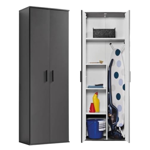 mokebo® Mehrzweckschrank o. Besenschrank 'Der Lange', auch als Haushaltsschrank o. Putzschrank mit Staubsaugerfach für Akkustaubsauger (Max. 141x26x34 cm) in Anthrazit-Schwarz aus Holz