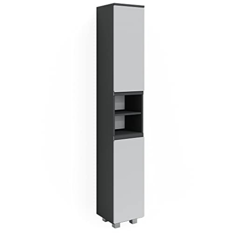 Vicco Badschrank J-Shape, Badezimmerhochschrank, Weiß/Anthrazit, 30 x 190 cm