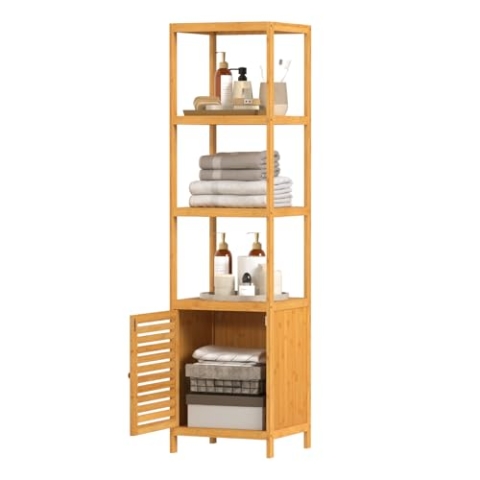WOLTU Bambusregal, Badezimmerregal, Badregal schmal, Bad Regal stehend, Standregal mit Lamellentür 4 Ablagen, Badezimmer Aufbewahrung, 36x140x33 cm