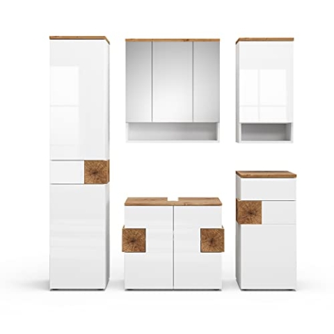 Vicco Badmöbel-Set Eden, Badezimmerschrank-Set, Weiß Hochglanz/Artisan-Eiche, 5 Teile