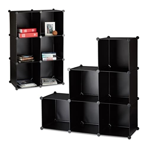 2X Regalsystem, 6 Fächer, Stufenregal, Standregal, Raumteiler, Bücherregal, Treppenregal, HBT 110 x 110 x 35 cm, schwarz