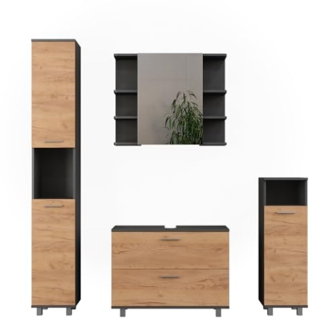 Vicco Badmöbel-Set Ilias, Goldkraft Eiche/Anthrazit, 4 Teile