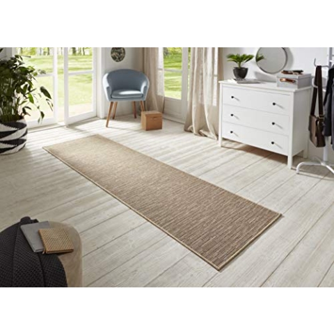 BT Carpet Nature Läufer In- und Outdoor – Schlingen Küchenläufer rutschfest Flachgewebe Kurzflor Woll-Optik Fineloop Küchenteppich für Flur, Küche, Garten, Terrasse, Badezimmer – Grau Gold, 80x250cm