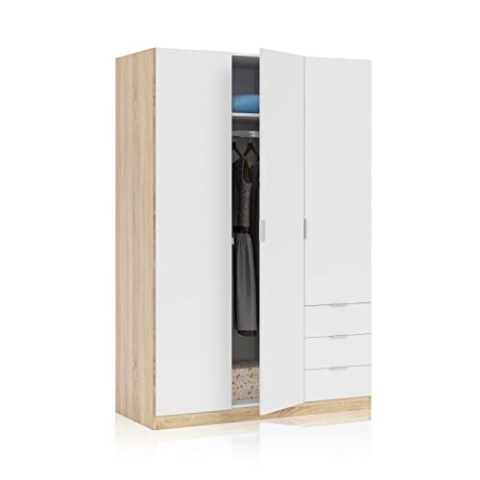 Kleiderschrank mit drei Türen und drei Schubladen, Eichenfarbe und Artikweiß, Maße 121 x 180 x 52 cm