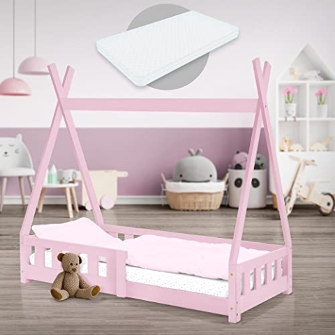 ML-Design Kinderbett Tipi 70x140 cm Rosa mit Matratze, Rausfallschutz und Lattenrost, aus Kiefernholz, Indianer Bett Massivholz für Mädchen & Jungen, Hausbett mit Zaun, Jugendbett Spielbett Holzbett