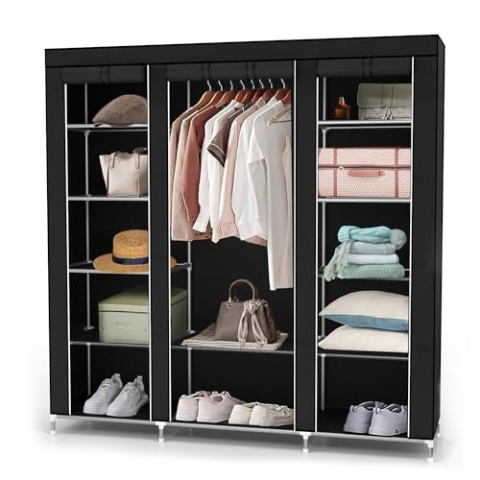 INTIRILIFE Faltschrank 150x175x45 cm in Raben SCHWARZ - mit Reißverschluss Stoffschrank Kleiderschrank mit Kleiderstange, Fächern und Seitentasche - Camping Steckschrank Textil Garderobe
