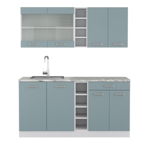 Vicco Singleküche R-Line, Küchenzeile Single, Blau-Grau/Weiß, 160 cm, AP Marmor