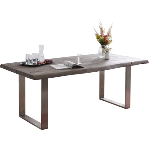 DELIFE Esszimmertisch Edge Akazie Platin 180x90 XL Edelstahl Schmal Live-Edge