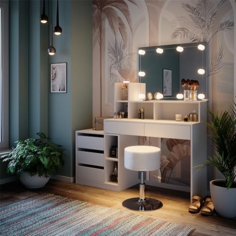 Vicco Schminktisch Anja, Kosmetiktisch mit Spiegel, Weiß, 139.8 cm mit LED Beleuchtung und Hocker