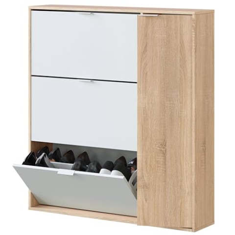 Schuhschrank mit drei Klappen und einer Tür, Farbe Weiß und Eiche, Fassungsvermögen 30 Paar Schuhe, 106 x 115 x 22 cm