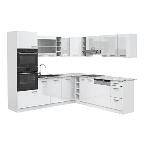 Vicco Eckküche R-Line, Weiß Hochglanz/Weiß, 237 x 247 cm ohne Arbeitsplatte