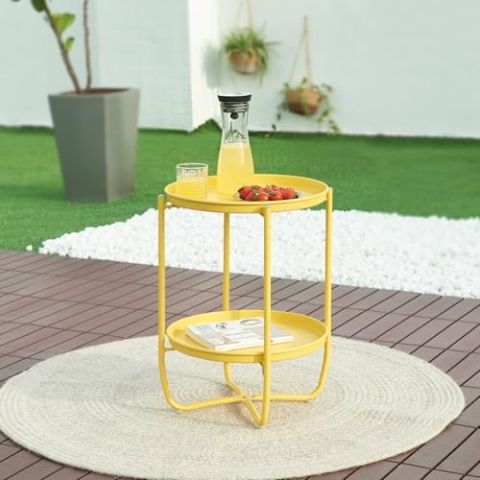 [en.casa] Outdoor Beistelltisch Sandefjord Tabletttisch Balkontisch mit 2 abnehmbaren Tabletts Gelb Gartentisch 57,5 x Ø40 cm rund Indoor Metalltisch