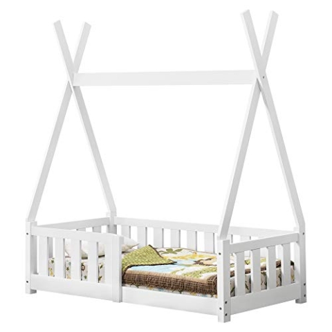 [en.casa] Kinderbett Helsingborg 70 x 140 cm mit Rausfallschutz Lattenrost Tipi Zelt Jugendbett Bettgestell Kiefernholz Holzbett für Kinder Weiß