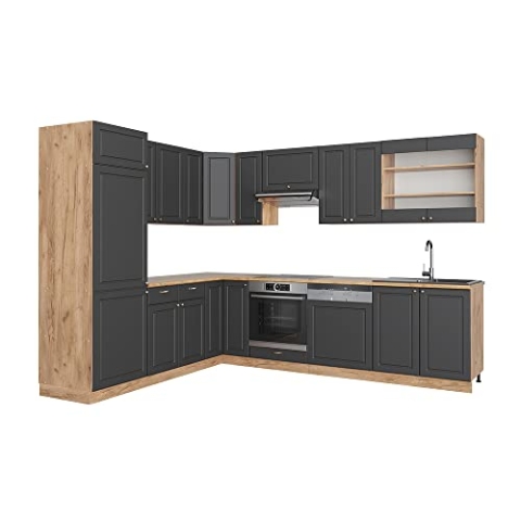 Vicco Eckküche Fame-Line, Anthrazit Landhaus/Goldkraft Eiche, 227 x 287 cm ohne Arbeitsplatte