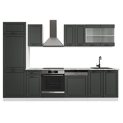 Vicco Küchenzeile R-Line, Anthrazit Landhaus/Weiß, 300 cm ohne Arbeitsplatte