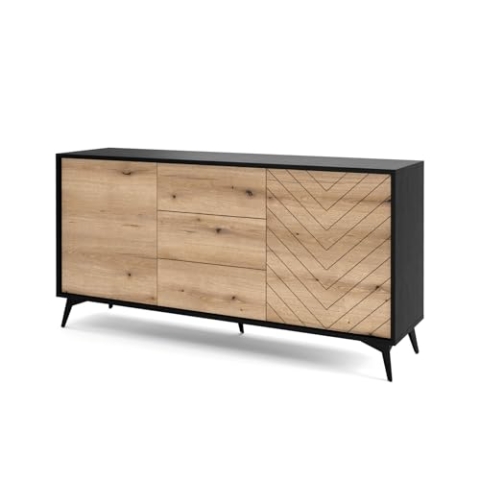 Selsey Boulia - Sideboard mit 3 Schubladen, Schwarz mit Fischgrätfronten in Eiche, 154 cm