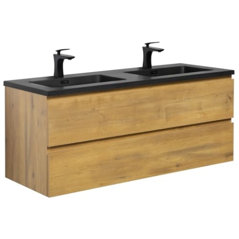 Badezimmer Badmöbel Set Angela 120 cm - Schwarzes Waschbecken - Eiche - Unterschrank Schrank Waschbecken Waschtisch