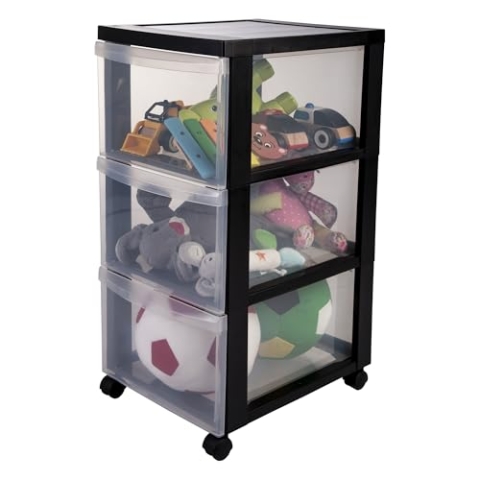 Iris Ohyama Kunststoff-Schubladenbox mit Rollen, 3 tiefen Schubladen, Schwarz, Griffe zum Ziehen, Für Schlafzimmer, Bad, Schule & Büro, BPA-frei, Schubladenschrank, Rollcontainer, A4 Drawer, DC-303