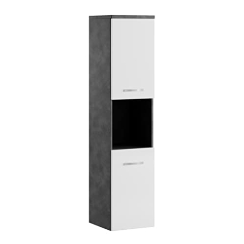Badezimmer Schrank Montreal 131 cm Grau mit Hochglanz Weiß – Regel Schrank Hochschrank Schrank Möbel Badschrank