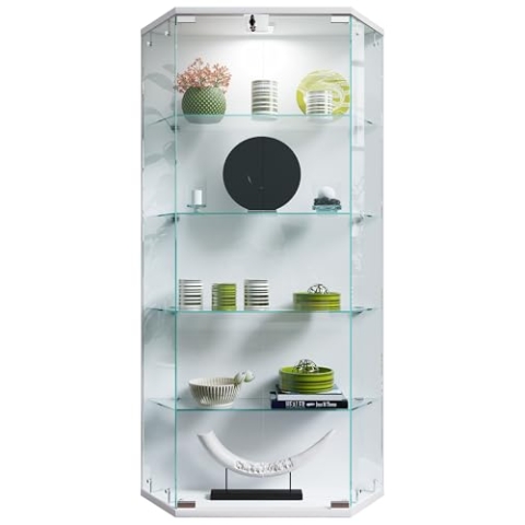 VCM Glasvitrine hängend | Vitrine Glas mit ESG-Sicherheitsglas | Maße ca. H. 114 x B. 83 x T. 17 cm | Hängevitrine Glas | Modern und platzsparend | Glas Vitrinenschrank - Benila L Weiß