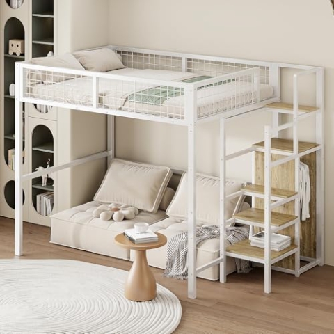 OKYION Etagenbett Kinderbett 140x200cm mit Eisenrahmen, Hochbett mit Rausfallschutz und Leiter, Metallbett Stockbett mit Lattenrost und Aufbewahrungsregal, Jugendbett Bettgestell, Weiß
