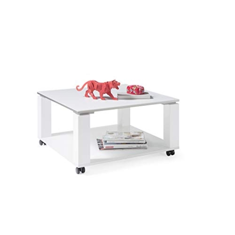 Stella Trading ROMY MOBIL Moderner Couchtisch auf Rollen weiß Hochglanz - mobiler Sofatisch mit zwei Ebenen für Ihren Wohnbereich - 76 x 41 x 76 cm (B/H/T)