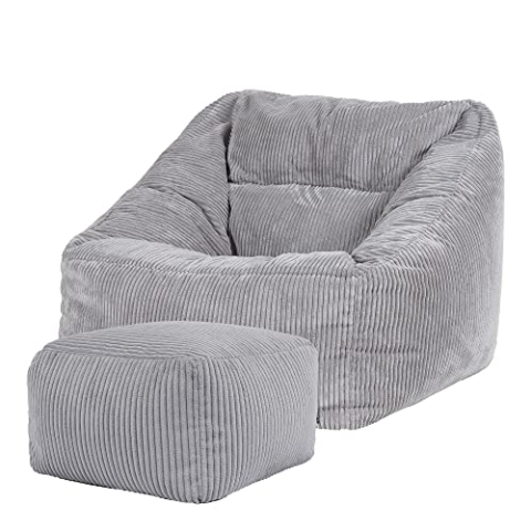 Icon Natalia Sitzsack Sessel mit Hocker für Erwachsene, Grau, Flauschiger Cord Stoff, Riesen Sitzsack Cord mit Füllung, Bean Bag Chair, Bequemer Sessel Wohnzimmer, Lounge, Schlafzimmer, Büro