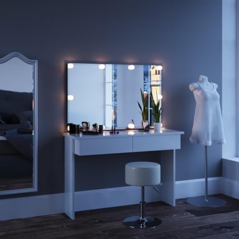Vicco Schminktisch Azur, Kosmetiktisch mit Spiegel, Weiß, 120 cm mit LED Beleuchtung und Hocker