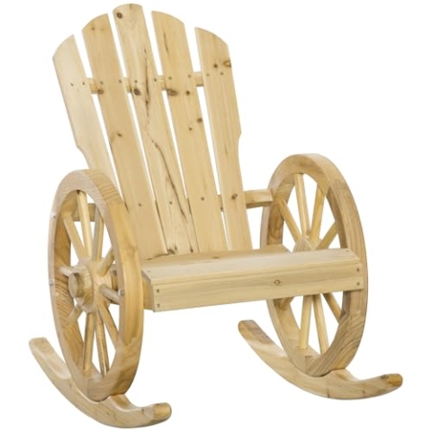 Outsunny Schaukelstuhl, Schwingsessel, Gartenstuhl mit Rollen-Design, Rustikaler Relaxstuhl, Naturholz, Massivholz, 68 x 88 x 92 cm
