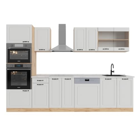 Vicco Küchenzeile R-Line, Weiß Landhaus/Goldkraft Eiche, 300 cm mit Hochschrank, AP Marmor