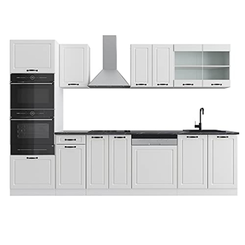 Vicco Küchenzeile R-Line, Weiß Landhaus/Weiß, 300 cm mit Hochschrank, ohne Arbeitsplatte