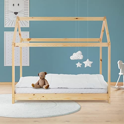 ML-Design Kinderbett 70x140 cm mit Dach und Lattenrost, Natur, Hausbett für Mädchen und Jungen, Kinderhaus aus massivem Kiefernholz, Stabiles Jugendbett, Massivholz Kinder Bett, Bettenhaus Spielbett