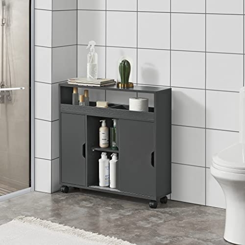 [en.casa] Badezimmerschrank Lumijoki Kommode Dunkelgrau mit Schiebetür Badschrank Mehrzweckschrank Nischenschrank mit Rollen