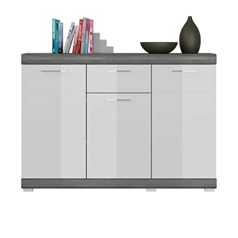 xonox.home Wohnen Scout X06B2903 Sideboard Kommode Schrank in Front weiß Hochglanz Korpus rauchsilber Nb.,ca.120x85x37 cm