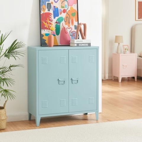 [en.casa] Metallschrank Oripää Wohnzimmerschrank 90 x 80 x 33 cm Aktenschrank Werkstattschrank mit 2 Türen und Einer höhenverstellbaren Ablage Graublau