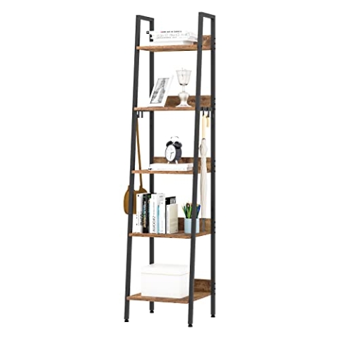 WOLTU Lagerregal mit 5 Ebenen, Küchenregal mit 4 Haken, Bücherregal im Industriestil, Standregal im Wohnzimmer Küche, Regal aus MDF Metall, schmales Leiterregal schwarz 40x 170x36 cm RGB9289hov