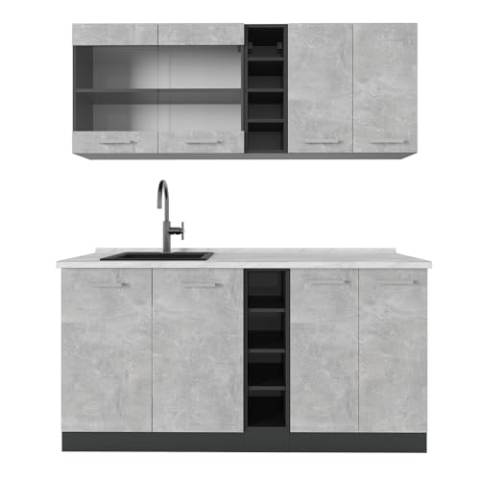 Vicco Singleküche R-Line, Küchenzeile Single, Beton/Anthrazit, 160 cm, AP Marmor