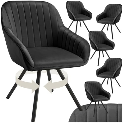 tectake® drehbare Esszimmerstühle mit Armlehne, Schalenstuhl ergonomisch mit Samt Bezug, gesteppt, Stühle drehbar für Wohnzimmer, Esstisch, Arbeitszimmer, Schminktisch, Küchenstühle - 6er Set, schwarz