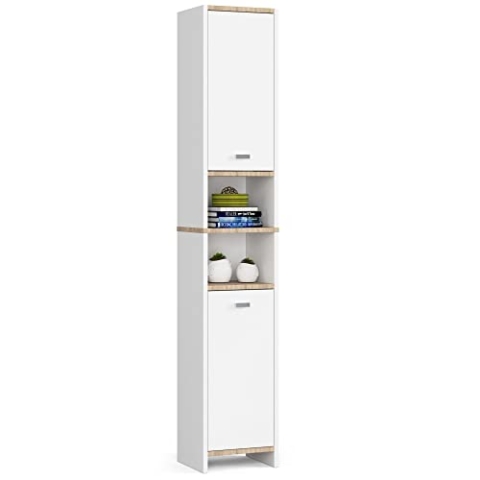 AKORD Badezimmersäule BETI 32 cm | mit 2 Türen | Badsockel | Praktisches Regal | Geräumig | Zeitlos | Ideal für kleine Bäder | Universelle Farben | B32 x H180 x T28 cm | Gewicht 24,70 kg | Weiß/Weiß