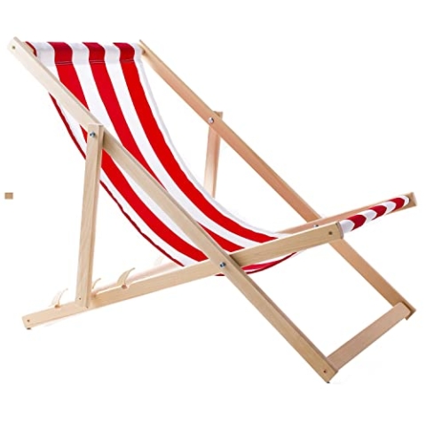 WOODOK Liegestuhl aus Buchholz Strandstuhl Sonnenliege Gartenliege für Strand, Garten, Balkon und Terrasse Liege Klappbar bis 120kg (Rot/weiß)