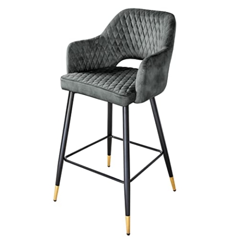 Riess Ambiente Eleganter Barhocker Paris grün Samt mit Ziersteppung und goldene Fußkappen Fußkappen Hocker Hausbar Sitzhocker